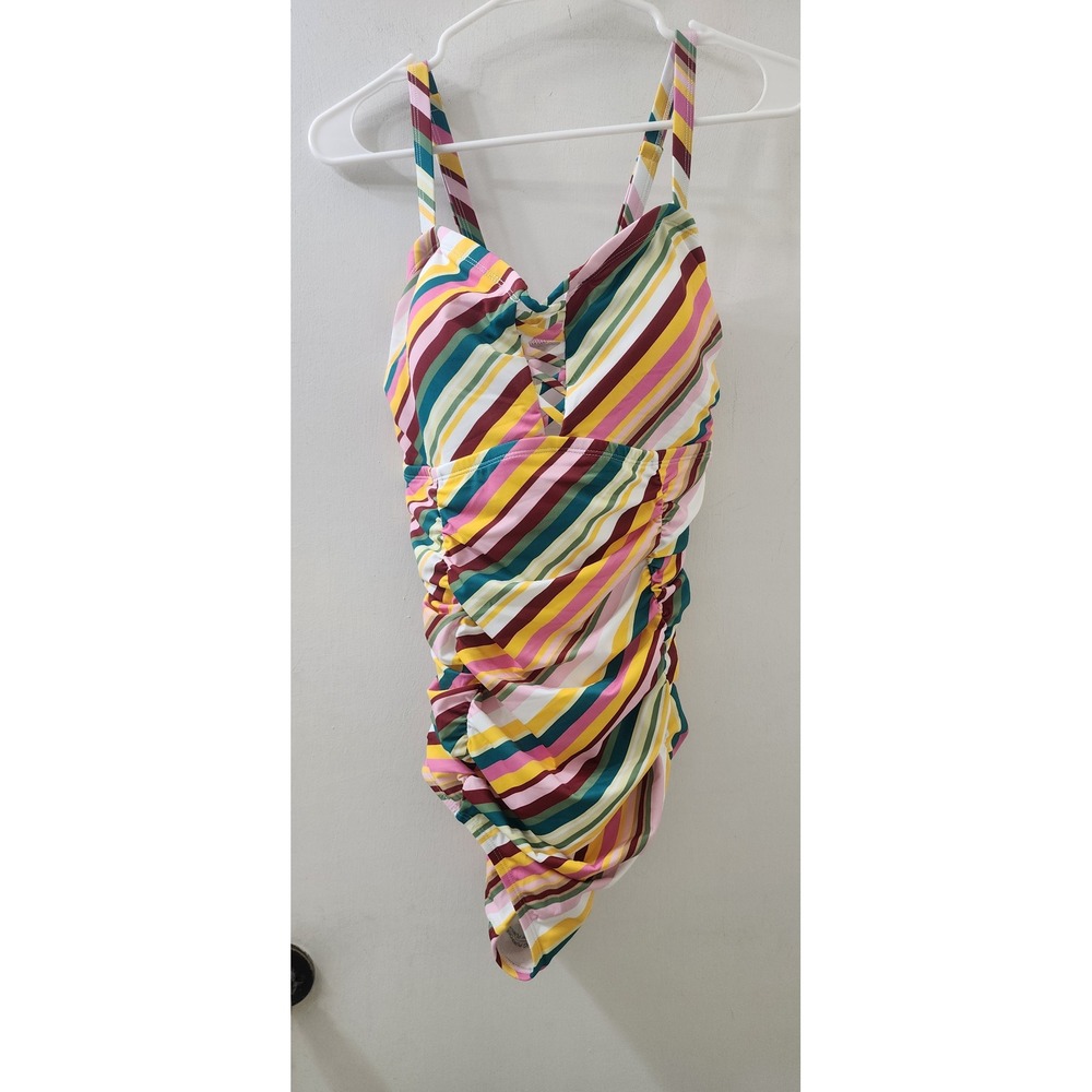 Torrid Womens Multi Color Striped Ruched One Piece Swimsuit Size 2 Lattice‎ Bust
